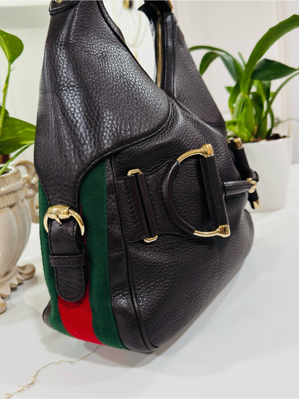 GUCCI Heritage Horsebit Hobo Brown Leather Shoulder Bag with Sherry Line - Picture 4 of 16